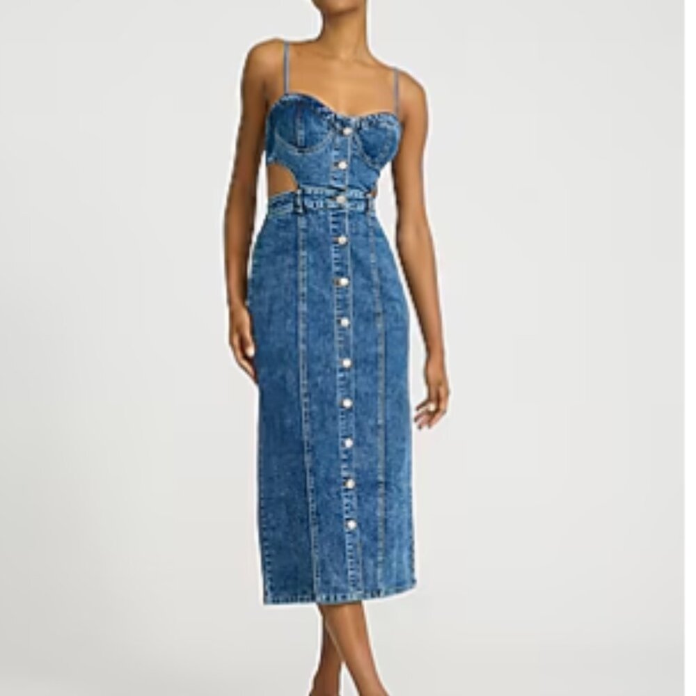 Express Denim Sweetheart Sleeveless Button Up Midi Sheath Dress